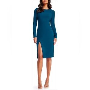 Dress The Population NWT Long Sleeve Scoop Back Midi Dress Size Small Blue